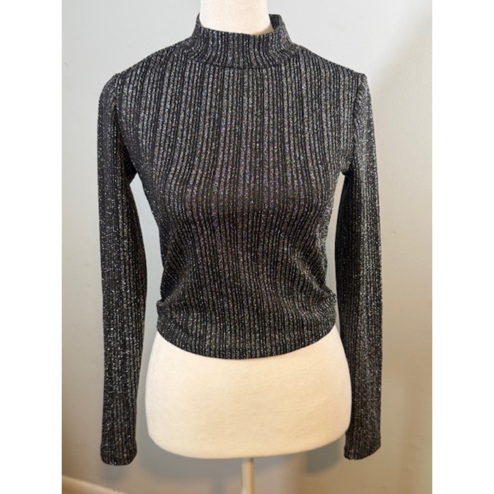Candie's Metallic Ribbed Mock Neck Crop Top XS Black Silver Long Sleeve Y2K